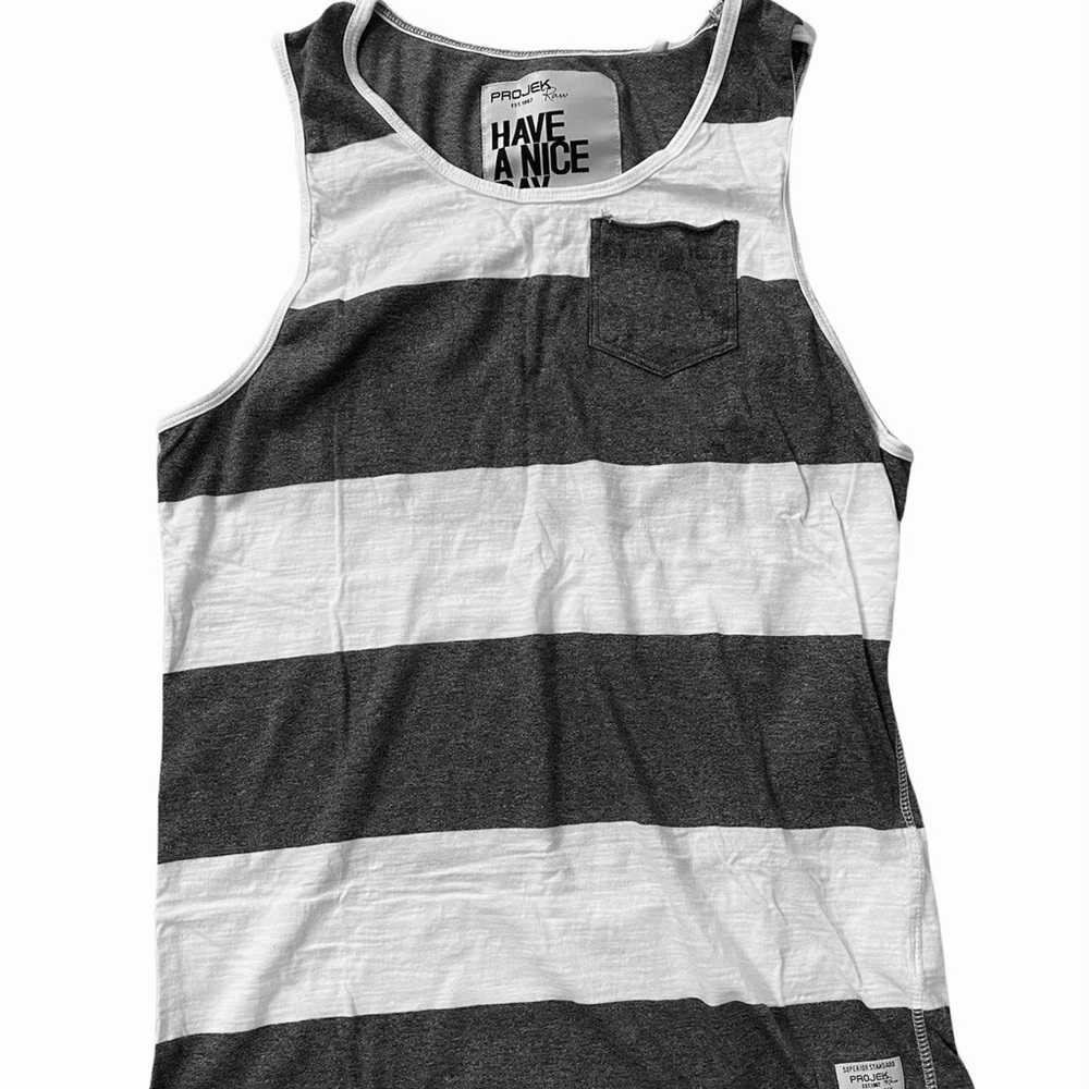 Projek men’s L white and grey stripe tank top.
